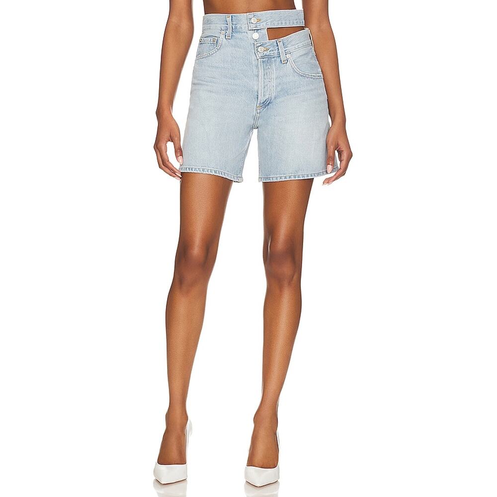 Aurate Pale Blue High-Rise Cutout Denim Shorts